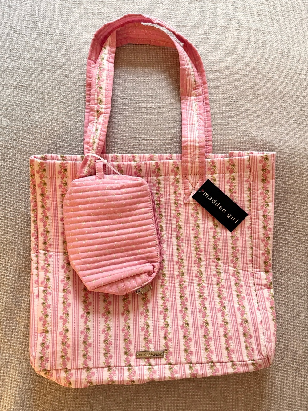Madden Girl Pink Floral-Striped Quilted Tote with Pouch